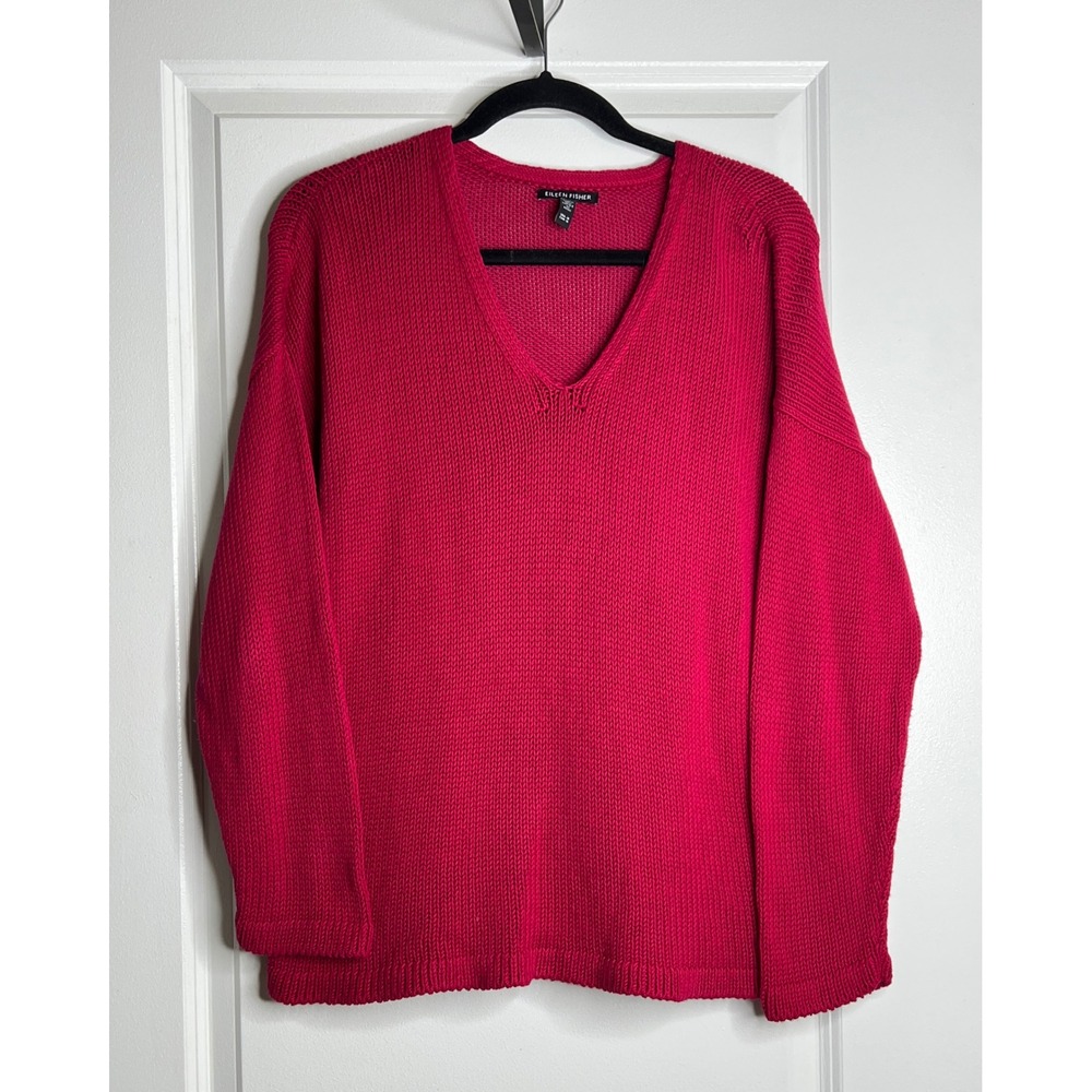 Eileen Fisher Pink Organic Cotton V-Neck Shaker Knit Sweater Womens Medium